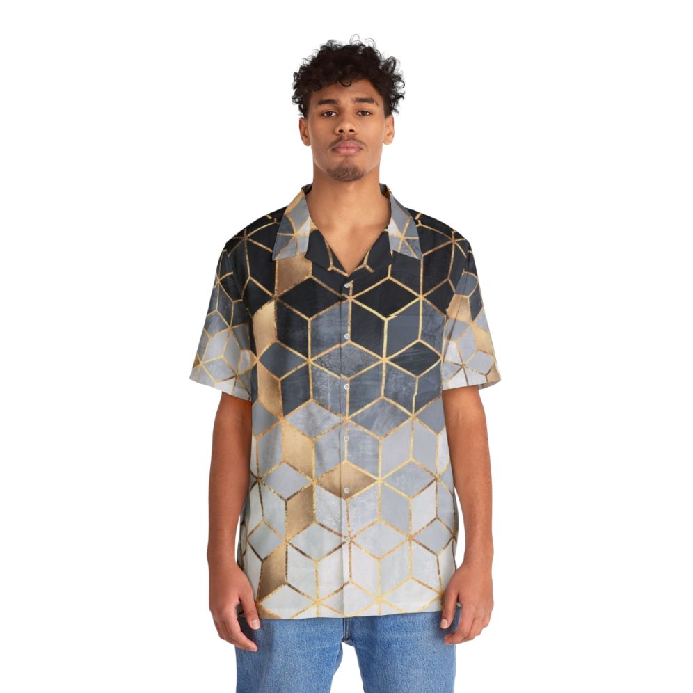 Soft blue gradient cubes geometric pattern Hawaiian shirt - People Front