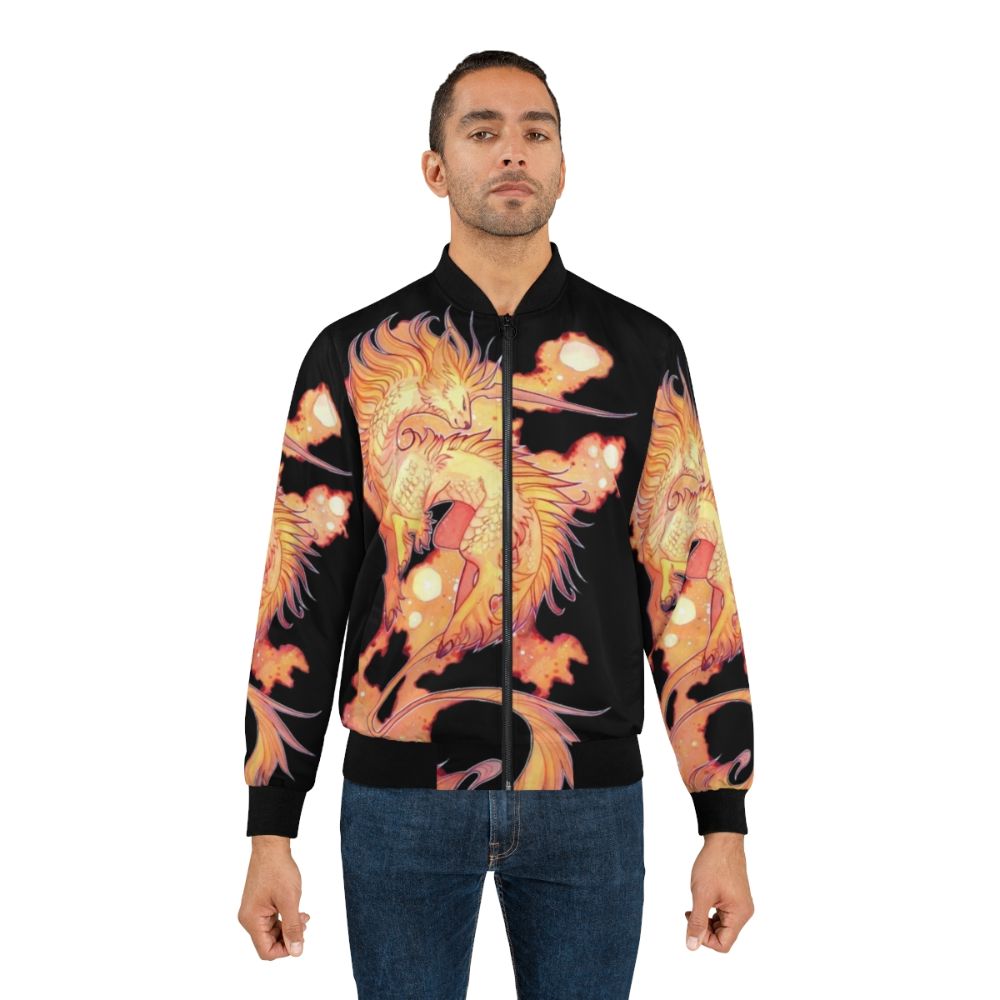 Space unicorn fantasy bomber jacket with vibrant red and orange colors - Lifestyle