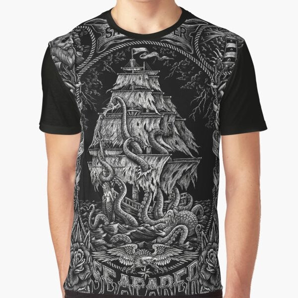 Vintage-style graphic t-shirt featuring a hand-drawn "Prayer for the Seafarer" design with nautical elements like an anchor, octopus, and typography.