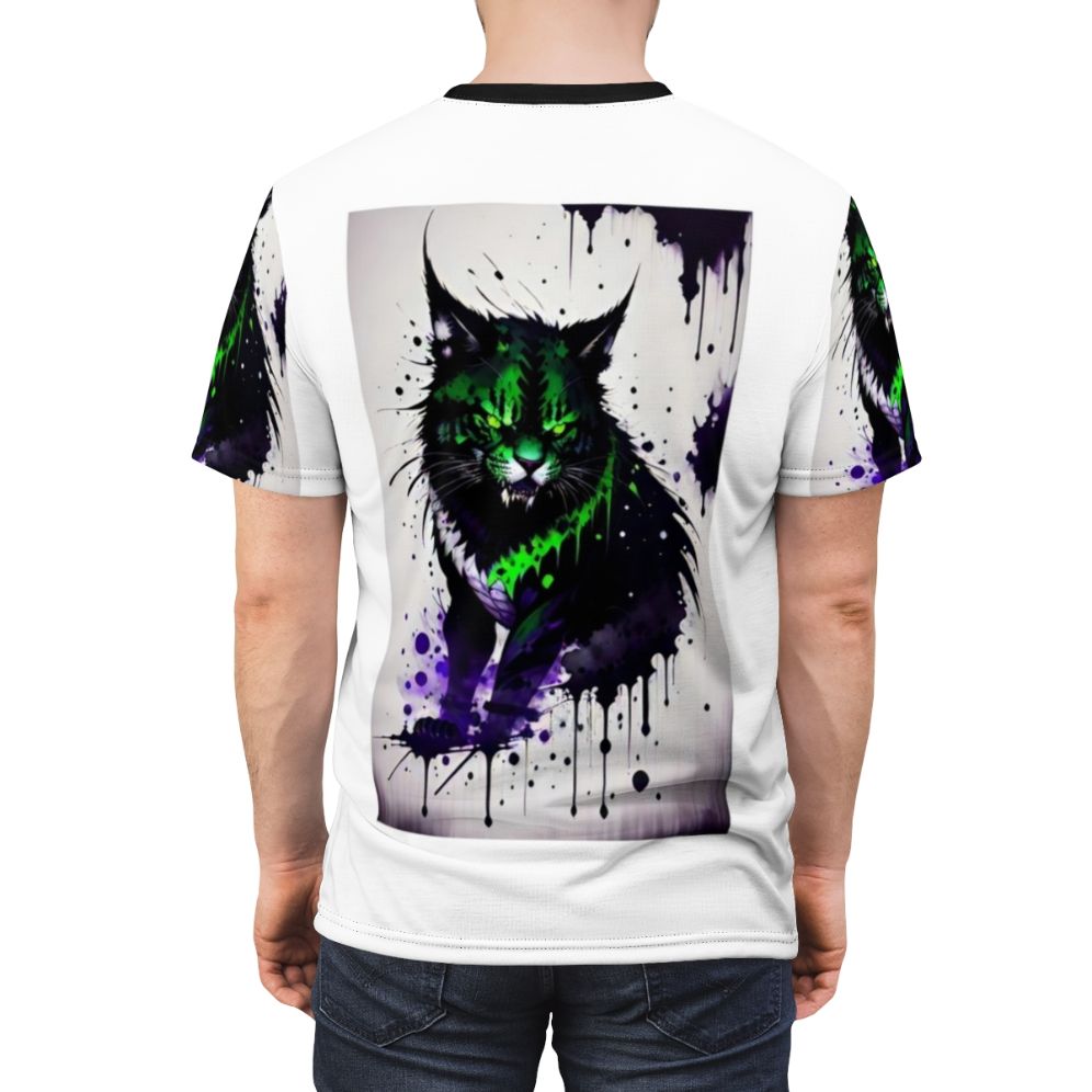 Illustration of a fantastical, mysterious cat-like creature on a t-shirt - men back