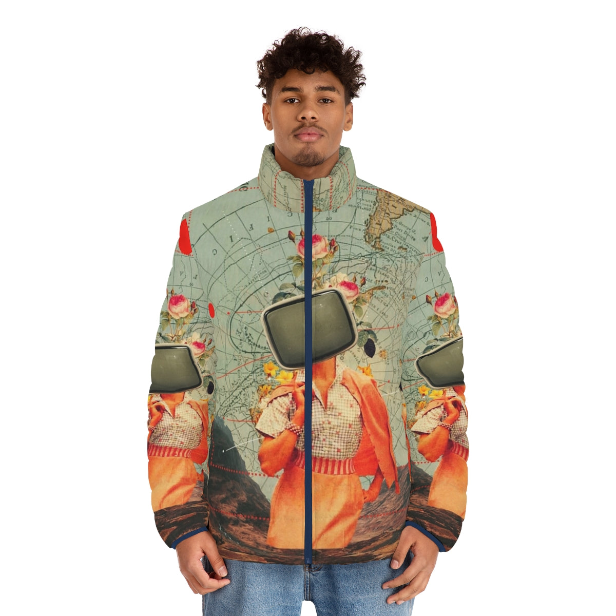 Retro graphic design puffer jacket with surreal collage elements - men front