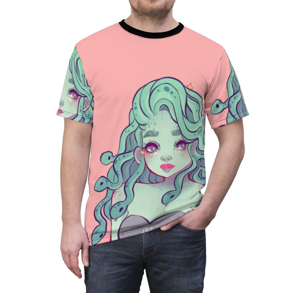 Captivating Medusa-themed graphic t-shirt with a pink, sweet, and indie vibe - men front