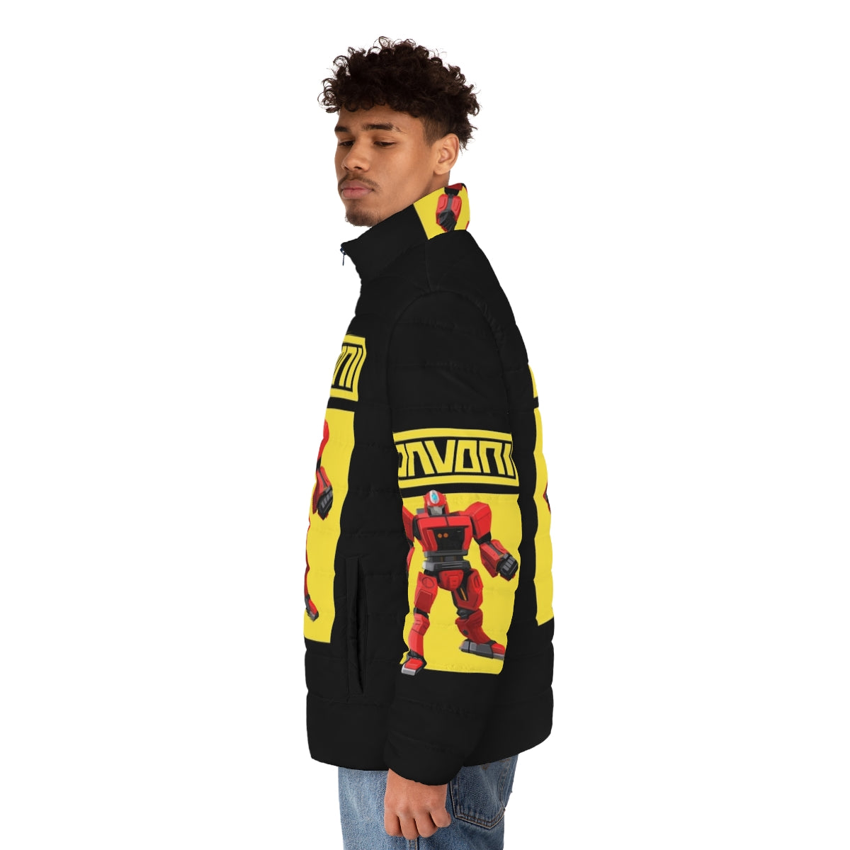 Robot Hero Puffer Jacket featuring a vibrant yellow design - men side left