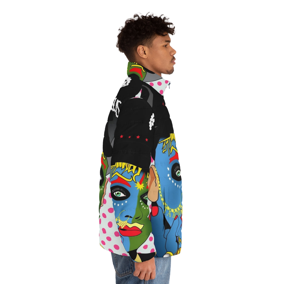 Colorful and whimsical Leigh Bowery puffer jacket, featuring a bold pop art style graphic design - men side right