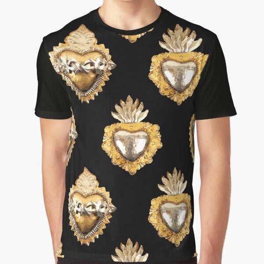 Elegant Mexican heart graphic on a black t-shirt with a metallic, seamless pattern design.