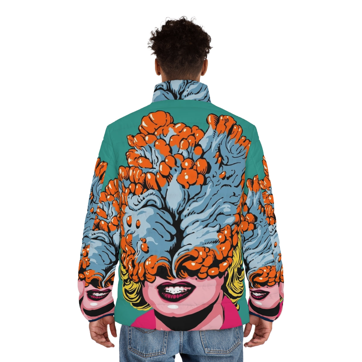 Pop art inspired puffer jacket featuring a cordyceps mushroom design - men back