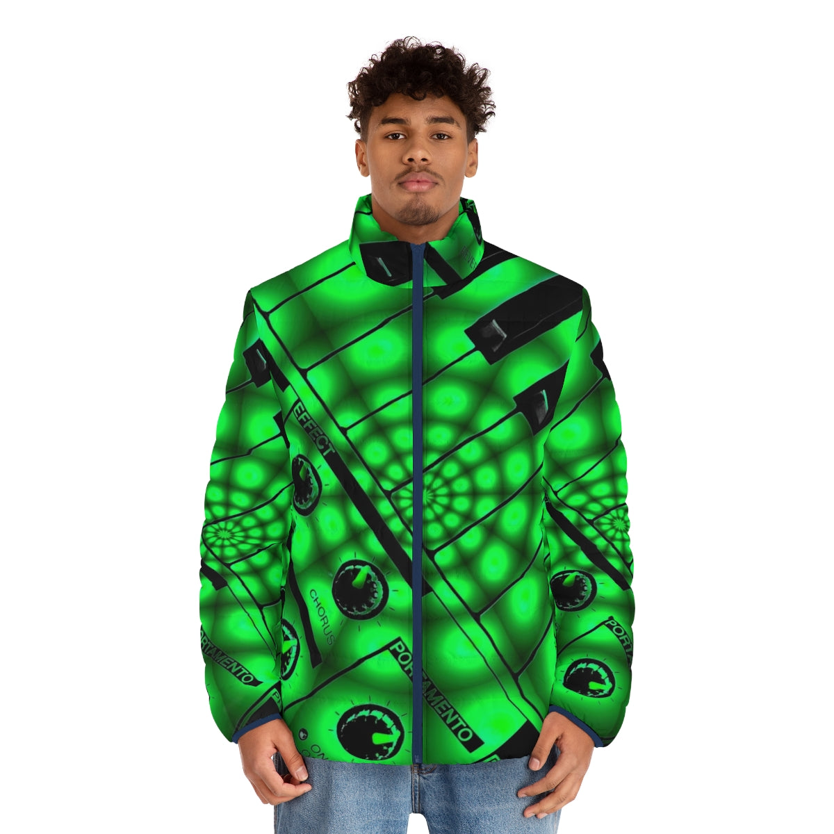 Puffer jacket with printed synthesizer keys and filters design - men front