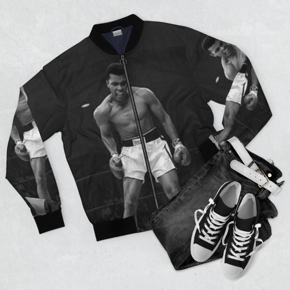 Legend Muhammad Ali Bomber Jacket with Muhammad Ali's portrait and boxing gloves - Flat lay