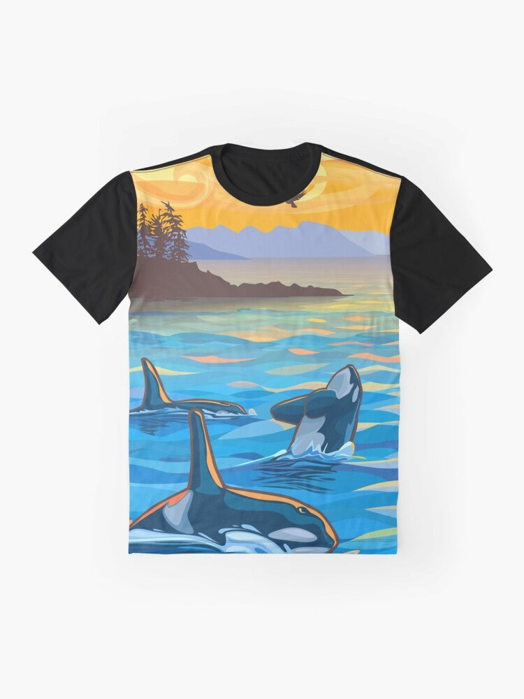 Graphic T-Shirt featuring orcas, killer whales, and dolphins in a vibrant Pacific Northwest art style - Flat lay