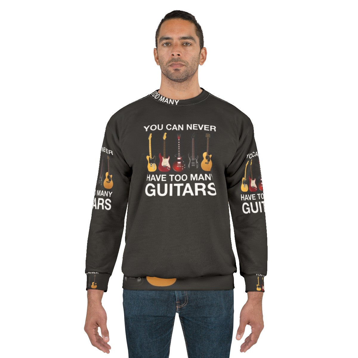 Unisex gray sweatshirt with "You Can Never Have Too Many Guitars" text - men