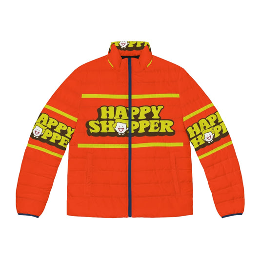 A vibrant orange puffer jacket with retro typography, perfect for the working-class shopper