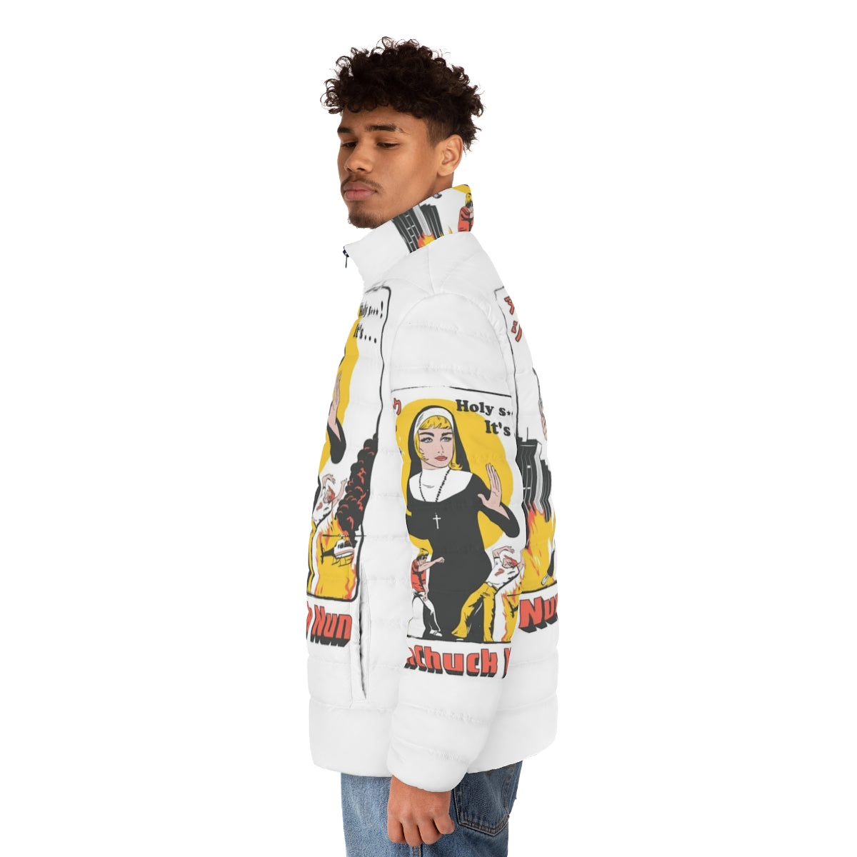 Nunchuck Nun Puffer Jacket - Retro Streetwear Parody - men side left