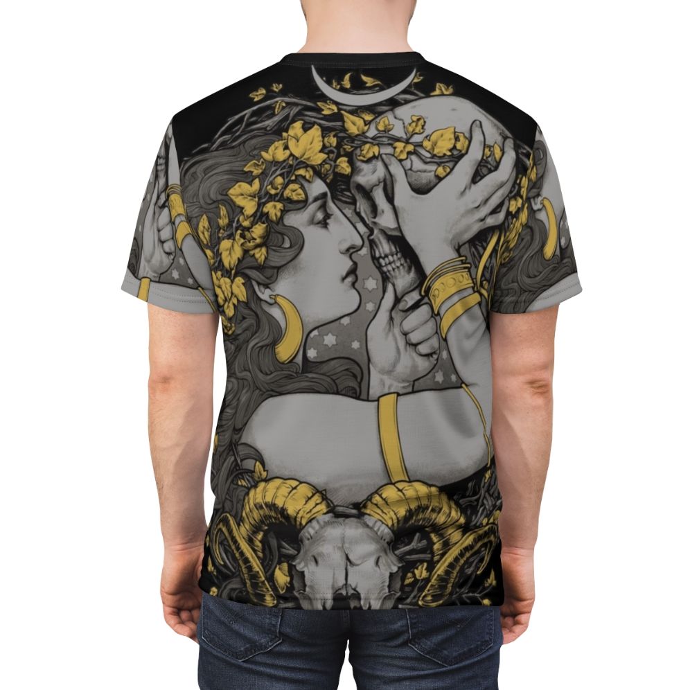 Witch-themed t-shirt with gothic, botanical design featuring a ram skull, human skull, and skeleton - men back