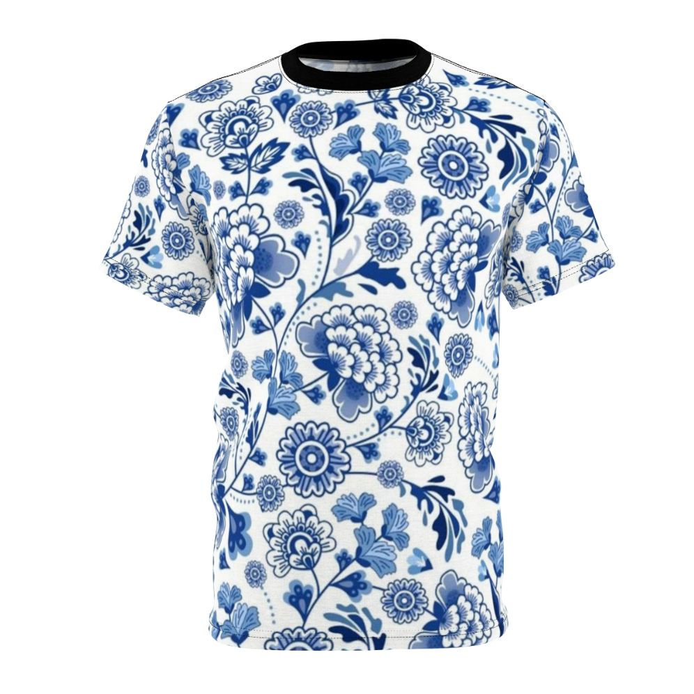 Model wearing a t-shirt with a beautiful Chinese porcelain-inspired blue and white floral pattern design