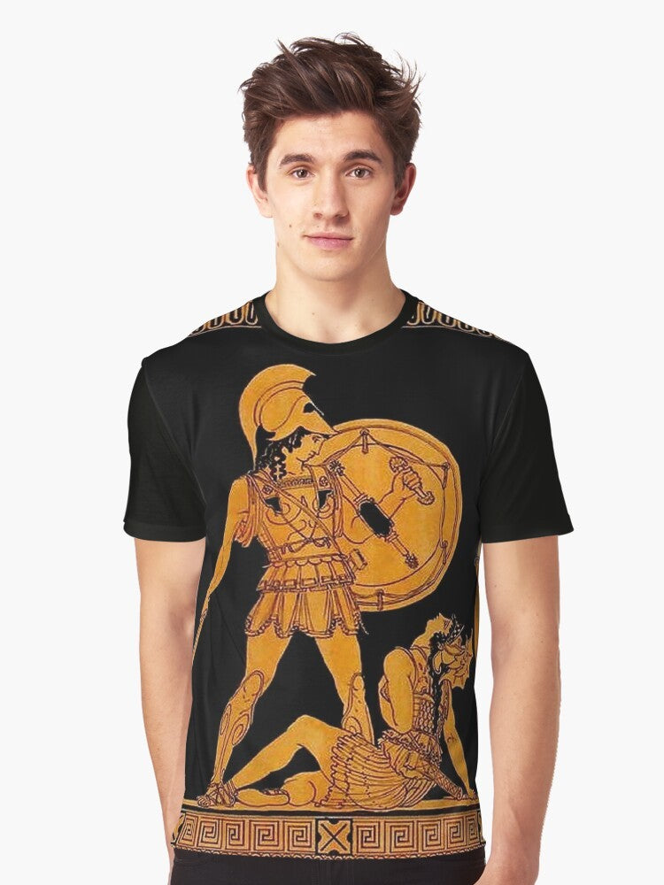 Vintage-style t-shirt design featuring ancient Greek gods and goddesses in a colorful frieze illustration - Men