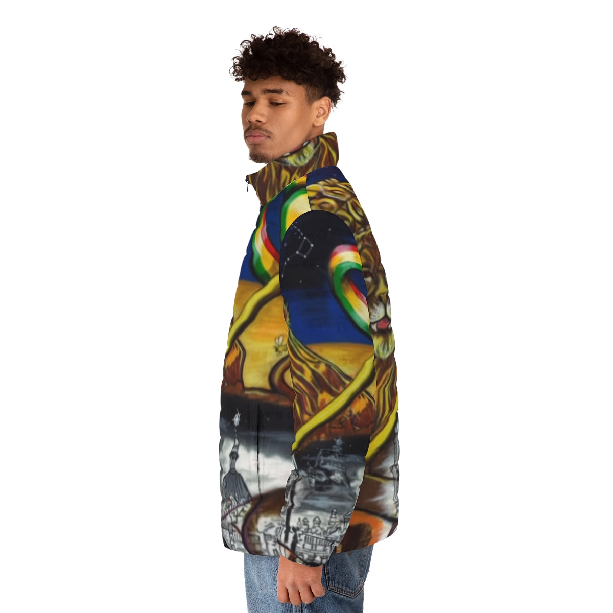 Midnite Zion Puffer Jacket featuring a Lion of Judah polygon design - men side left