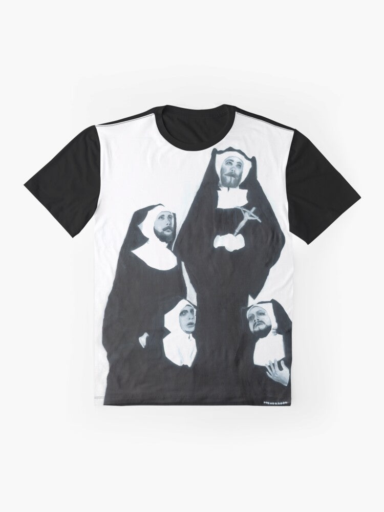 Colorful graphic t-shirt with the Sisters of Perpetual Indulgence logo, celebrating LGBTQ+ pride and queer culture. - Flat lay