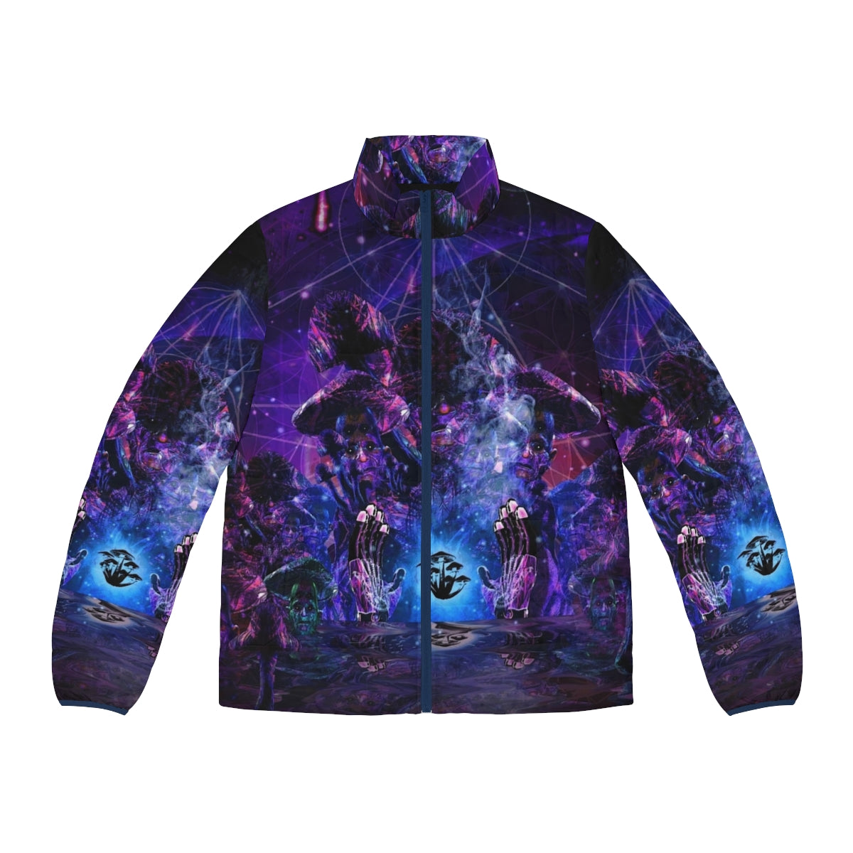 Colorful psychedelic fractal puffer jacket with mind-expanding visuals