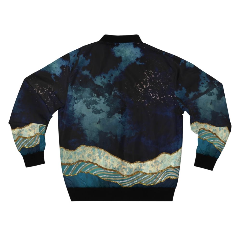 Indigo Sky Abstract Landscape Bomber Jacket with Nature, Mountains, and Galaxy Motifs - Back