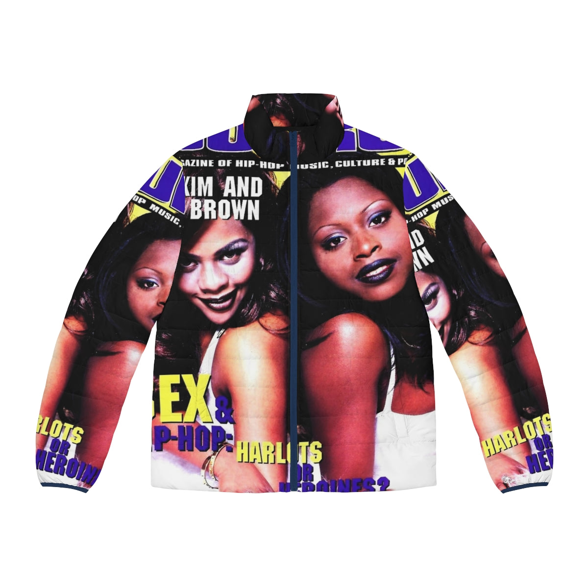 90s puffer jacket featuring black and white illustrations of hip hop and rap music artists