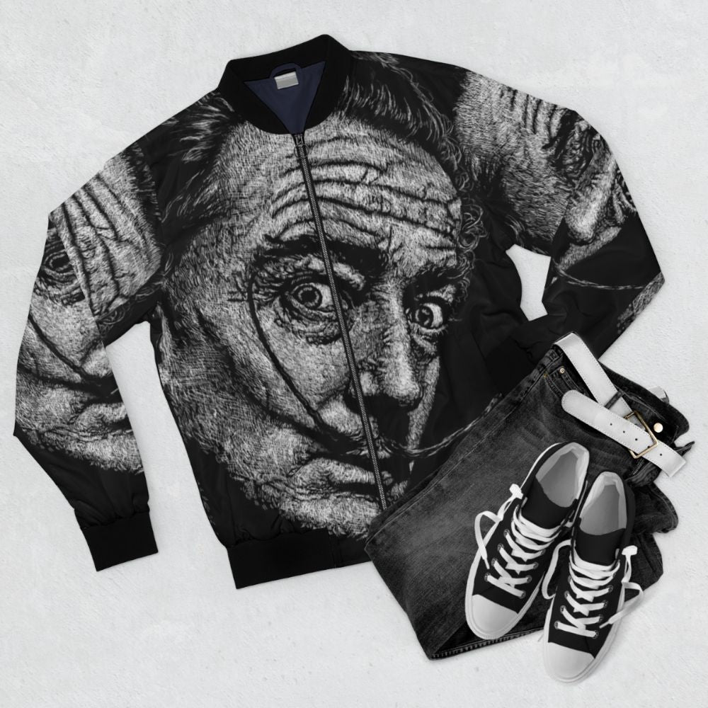 Salvador Dali inspired bomber jacket with surrealist art graphics - Flat lay