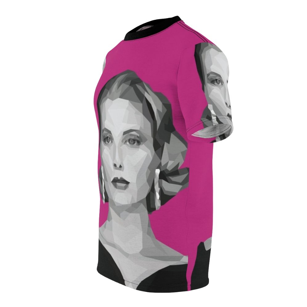 Geometric art pink poly t-shirt design inspired by the elegance and style of classic movie icon Grace Kelly - men left