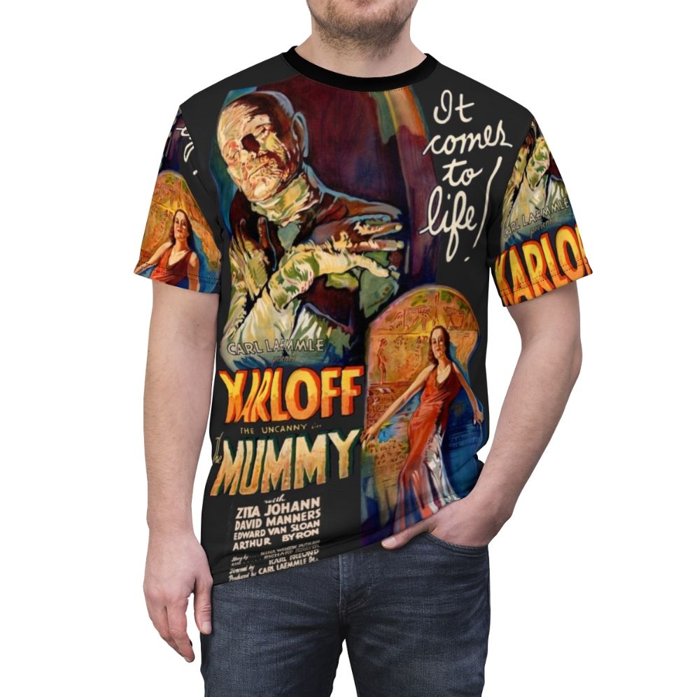 Vintage-style t-shirt featuring a retro horror movie poster design - men front