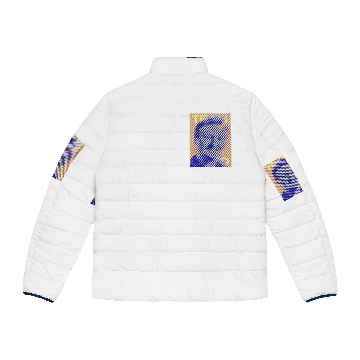 Team Coco Blue Orange Puffer Jacket with Conan Obrien's portrait and line art design - Back