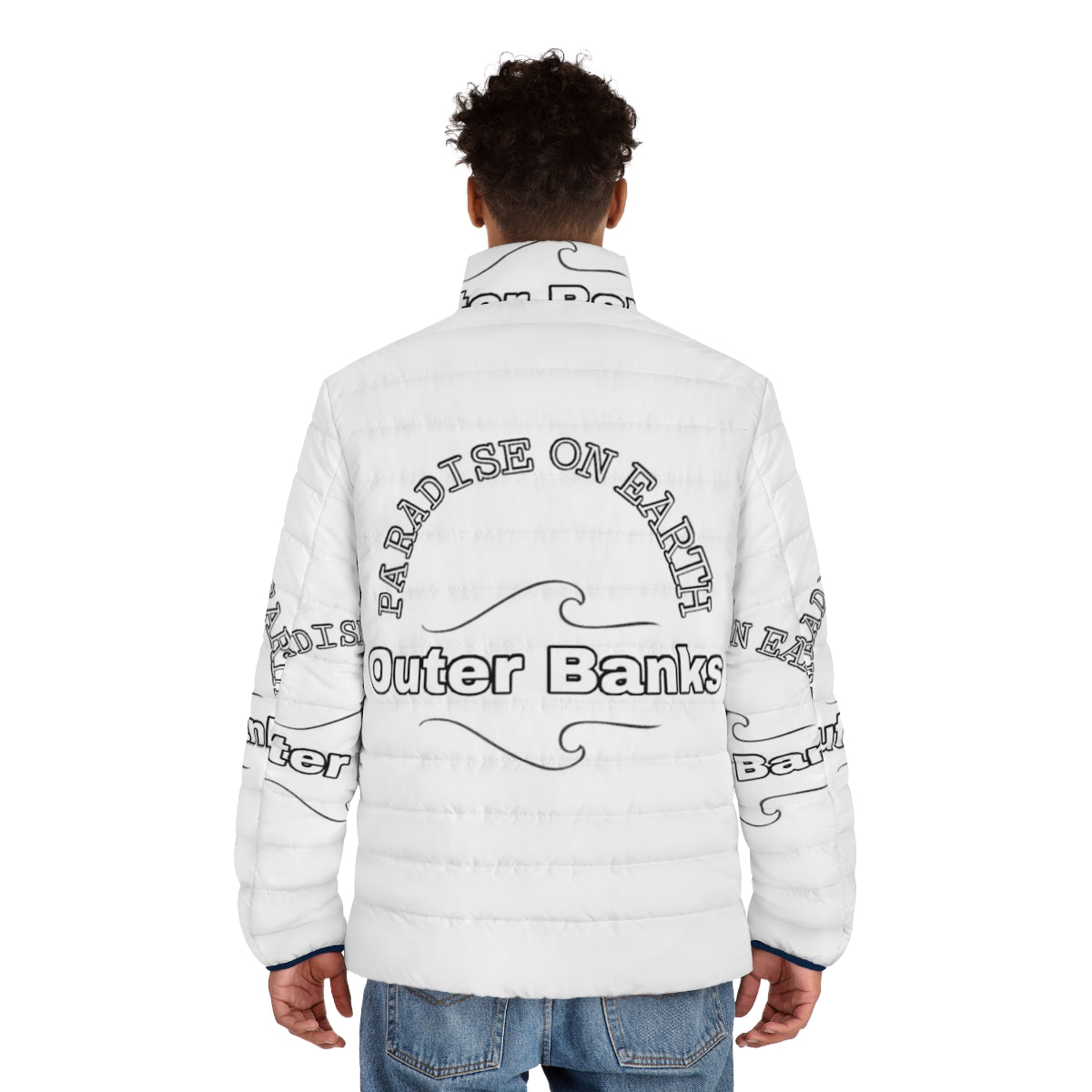 Outer Banks-inspired puffer jacket with beach and lighthouse design - men back