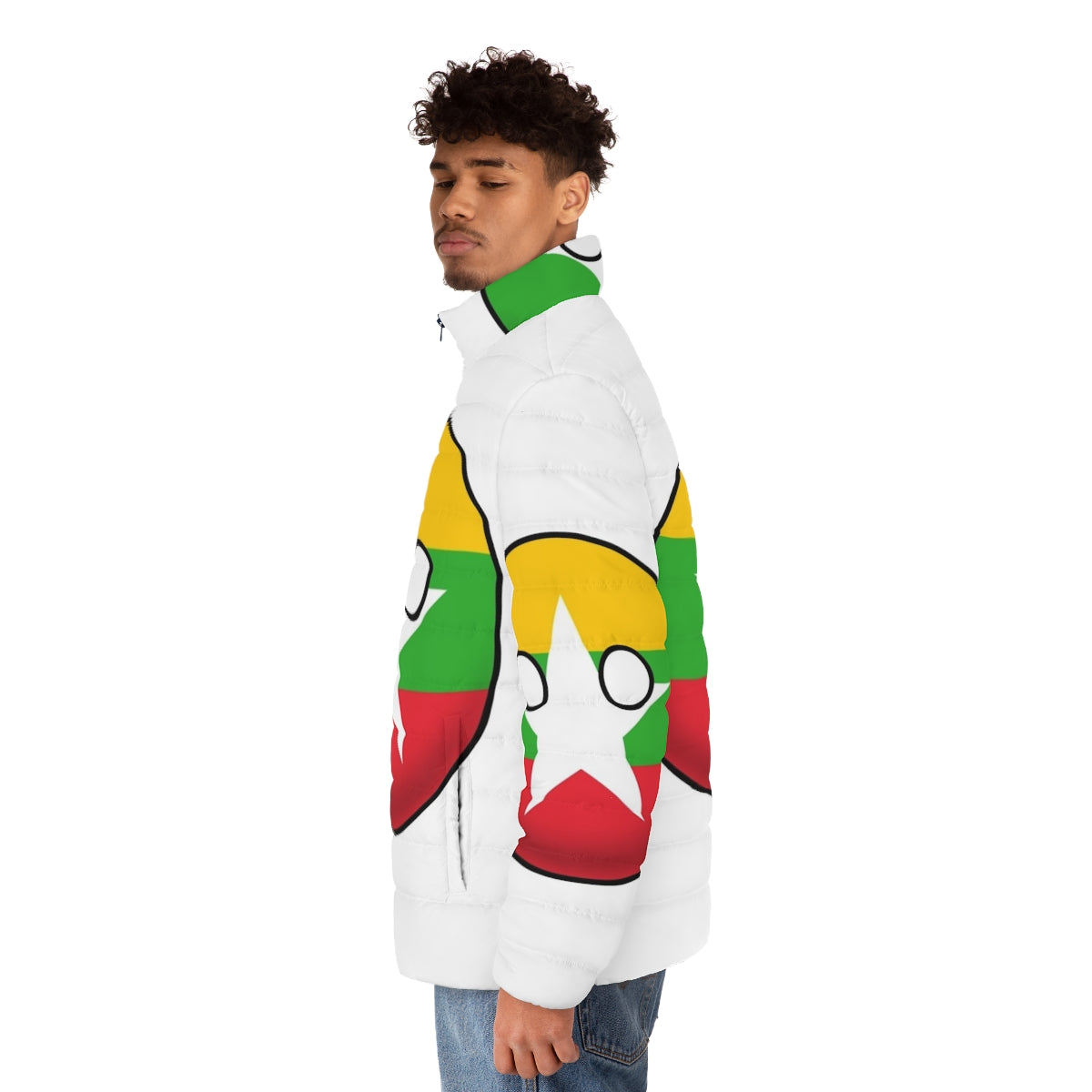 Myanmar Countryball Puffer Jacket featuring the flag and cultural elements of Myanmar - men side left