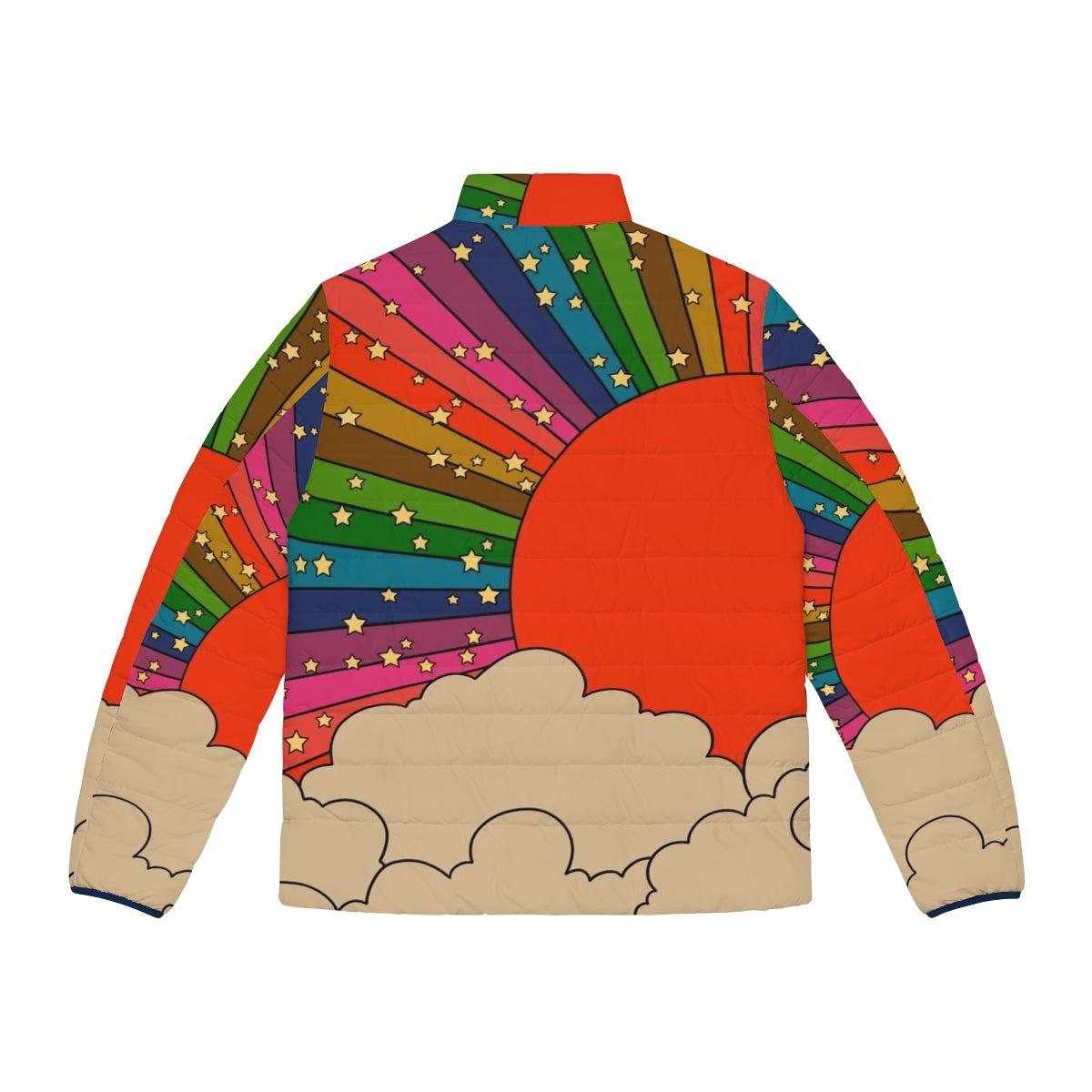 Vibrant rainbow-colored puffer jacket with a 70s groovy style - Back