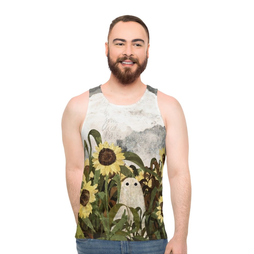 Vintage ghost in a sunflower field unisex tank top - men