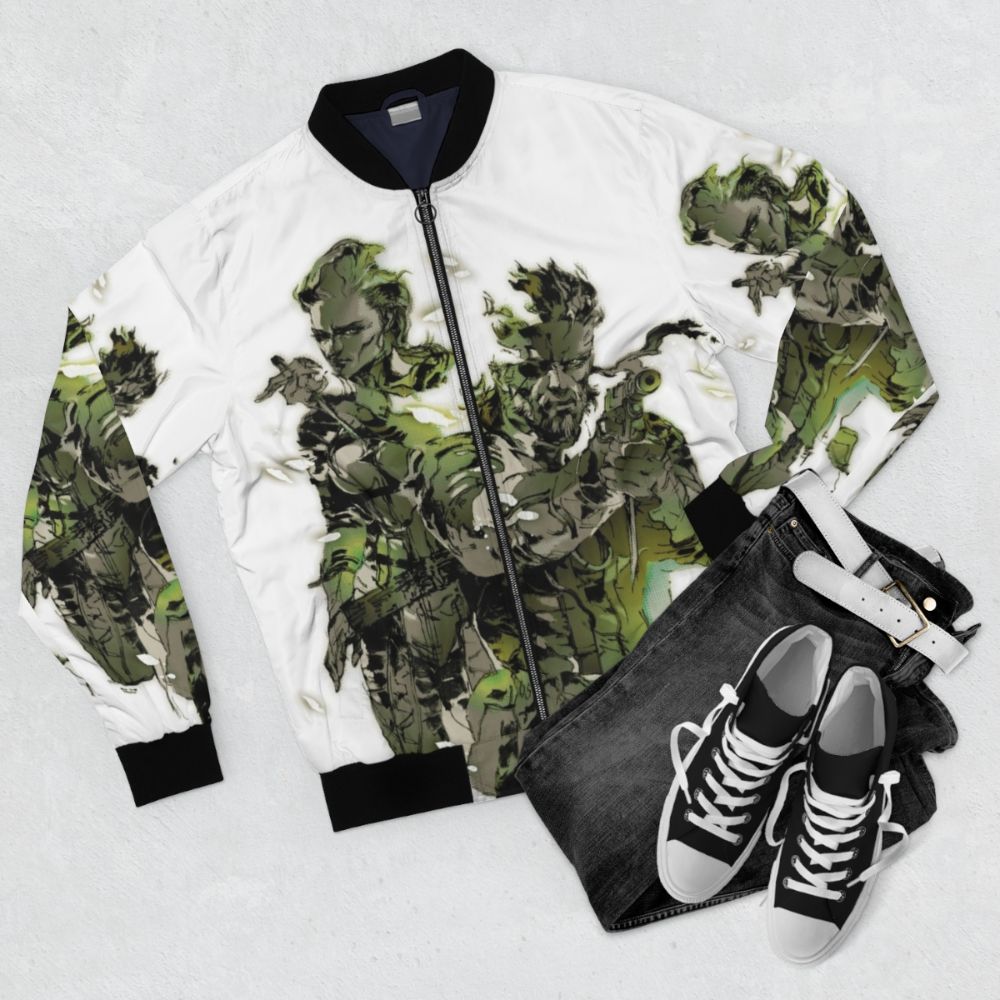 Metal Gear Solid 3 bomber jacket featuring The Boss and Snake characters - Flat lay