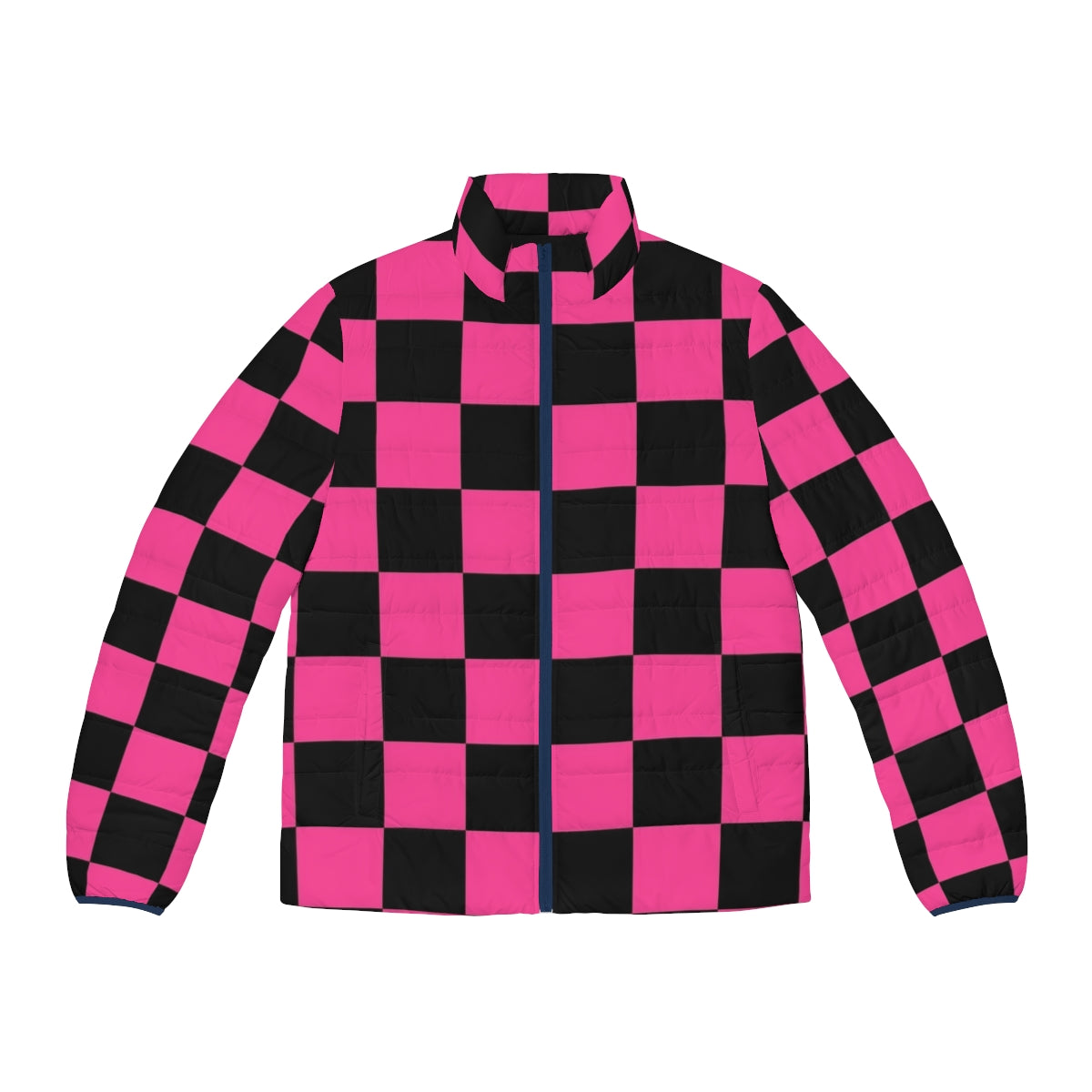 Black and pink checkerboard pattern puffer jacket for women