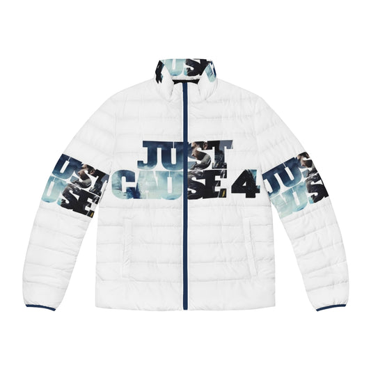 Just Be Cause 4 Text Puffer Jacket with Gaming and Superhero Designs