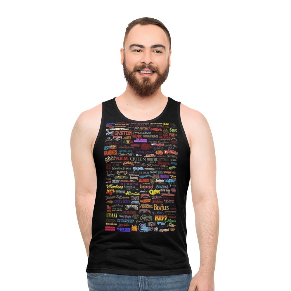 Vintage rock bands poster design on a unisex tank top - men