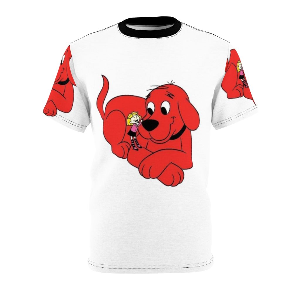 Colorful AOP T-shirt design featuring Clifford the Big Red Dog and his owner Emily Elizabeth