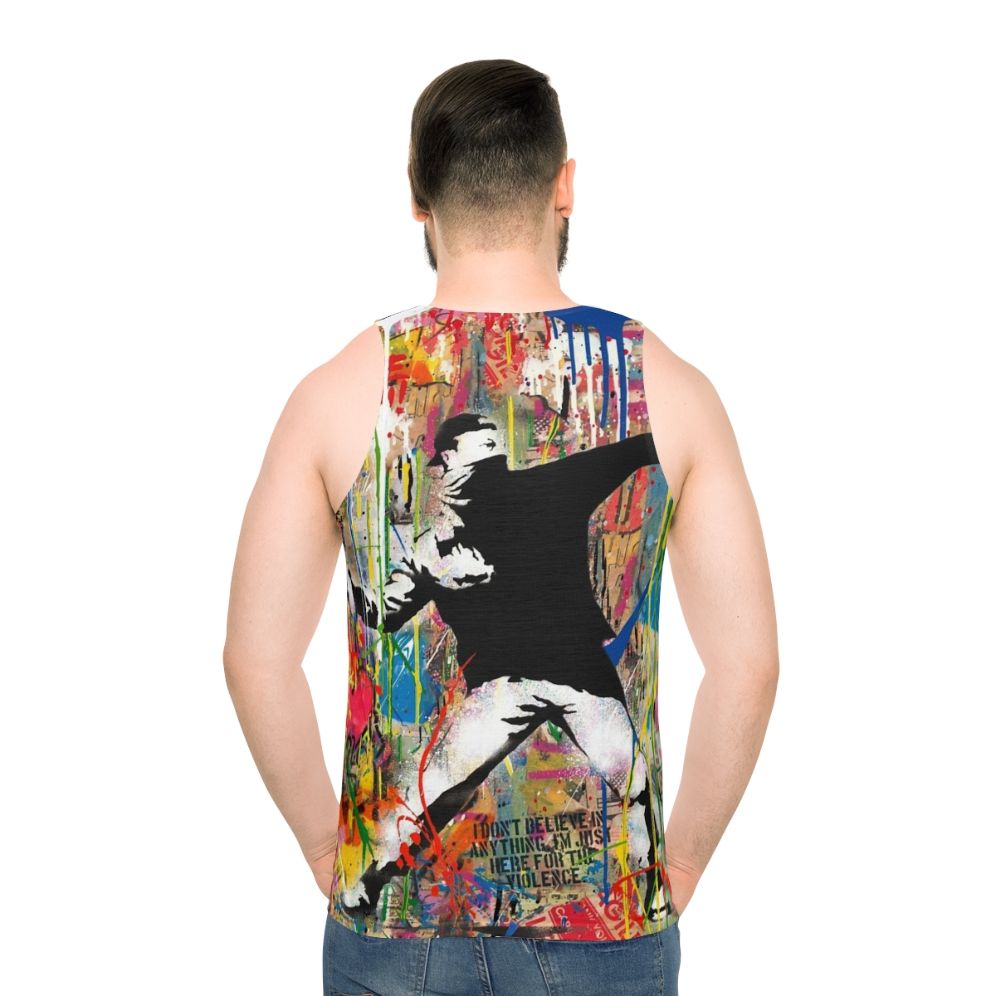 Colorful flower thrower pop art graphic on unisex tank top - men back