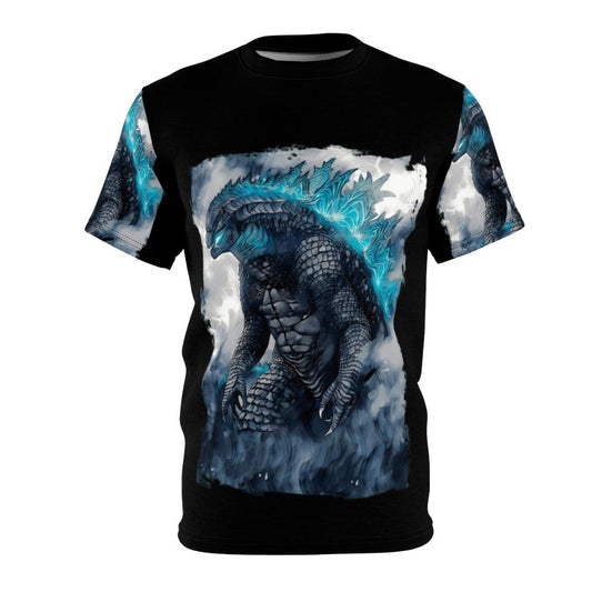 Vintage monster movie inspired all-over print t-shirt featuring a classic Godzilla-style design