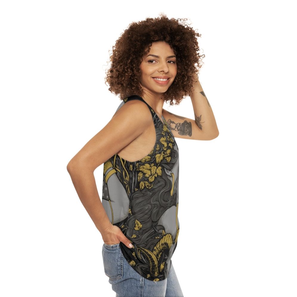 Unisex witch tank top with gothic botanical skull design - women side