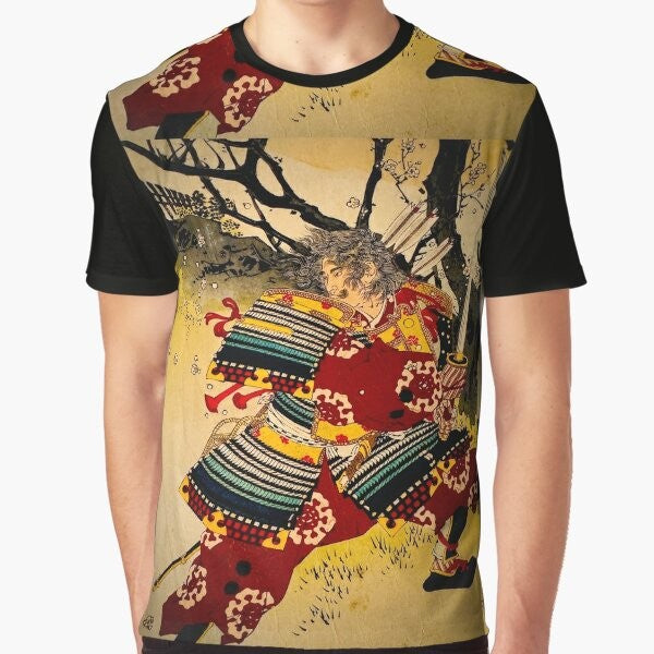 A t-shirt featuring a samurai warrior design in the traditional ukiyo-e Japanese art style.