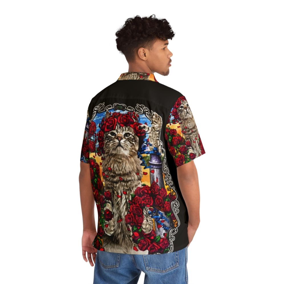 Grateful Cats and Roses Hawaiian Shirt with Skeleton Print - People Back