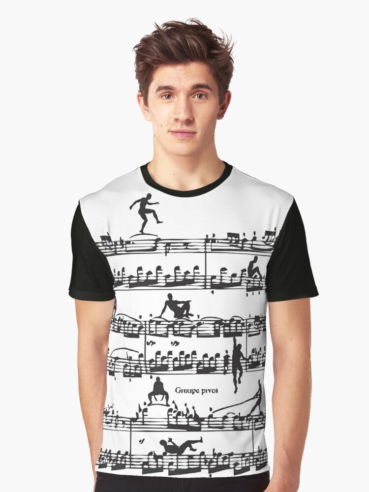 Illustration of Mozart's silhouette with musical notes and instruments on a men's graphic t-shirt - Men