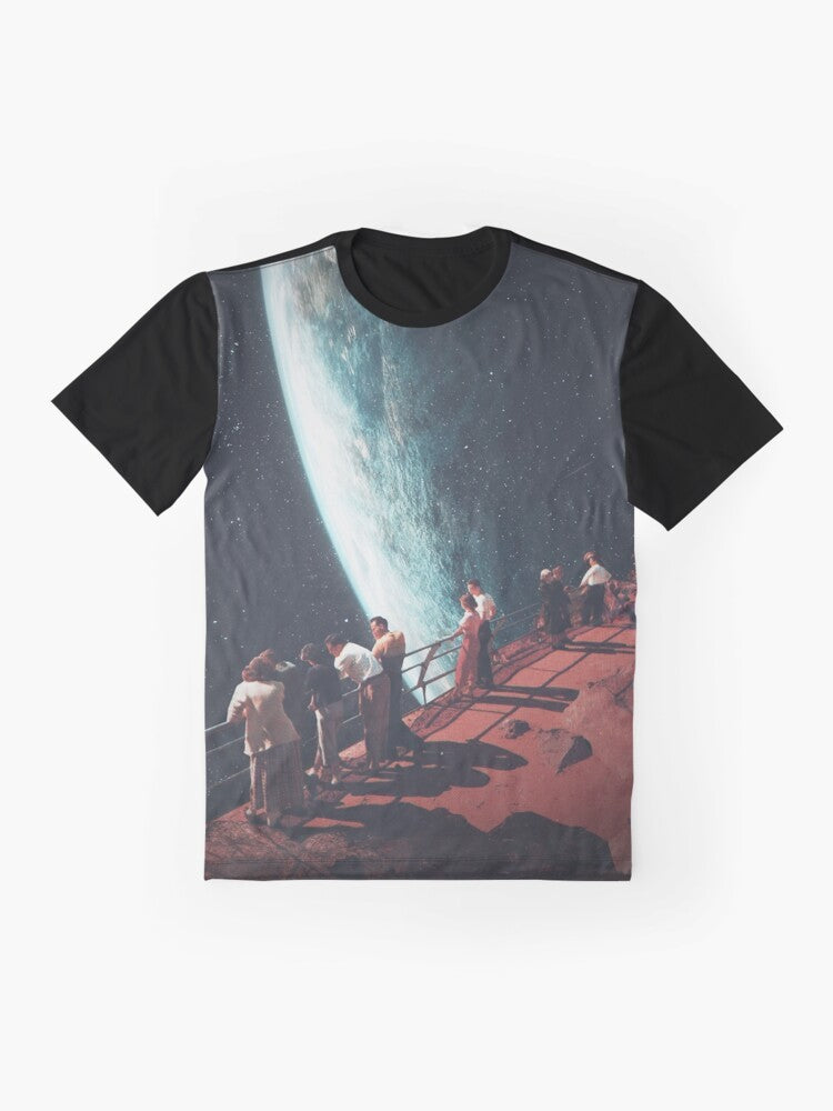 Nostalgic futuristic space retro collage graphic t-shirt design featuring a surreal landscape with planets, stars, and people. - Flat lay