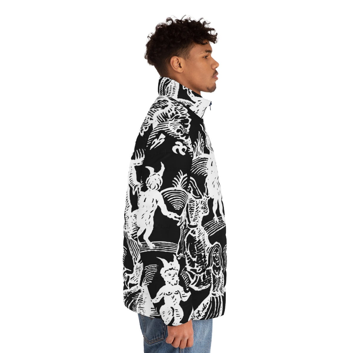 Mystical white puffer jacket with occult and supernatural design elements - men side right