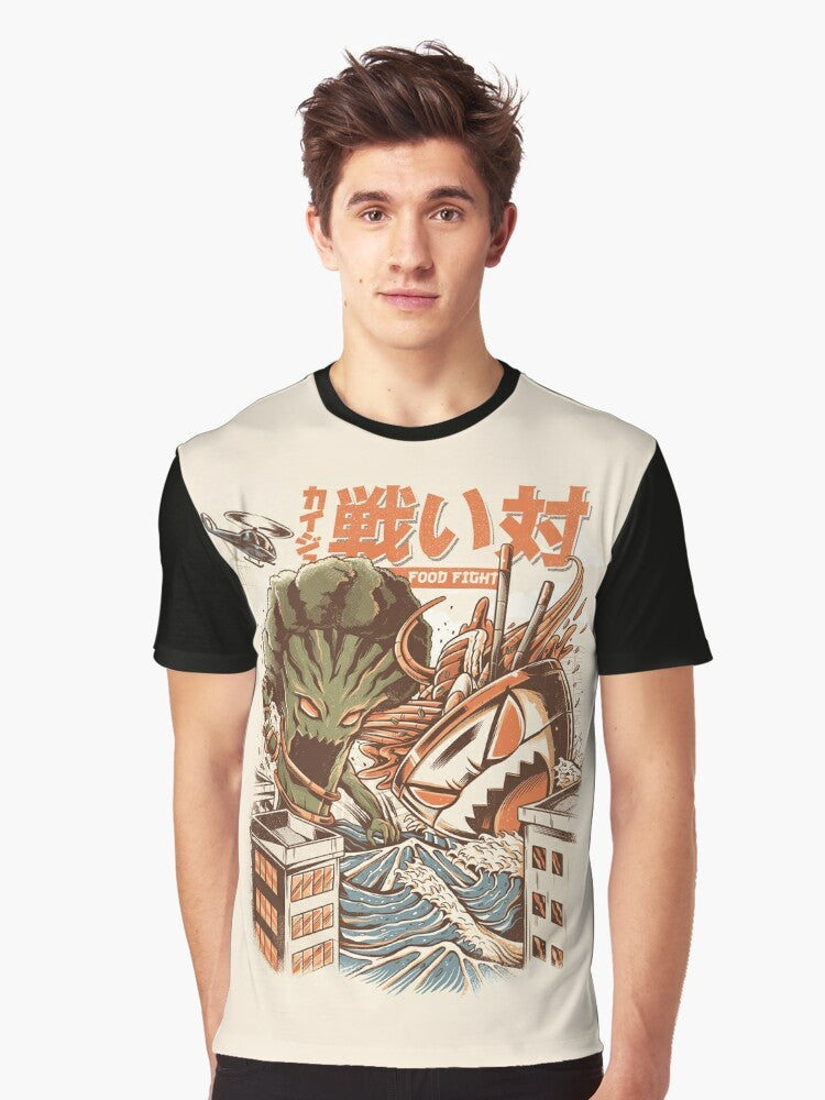 Anime-inspired graphic t-shirt featuring a fight between a ramen kaiju and broccoli monster - Men