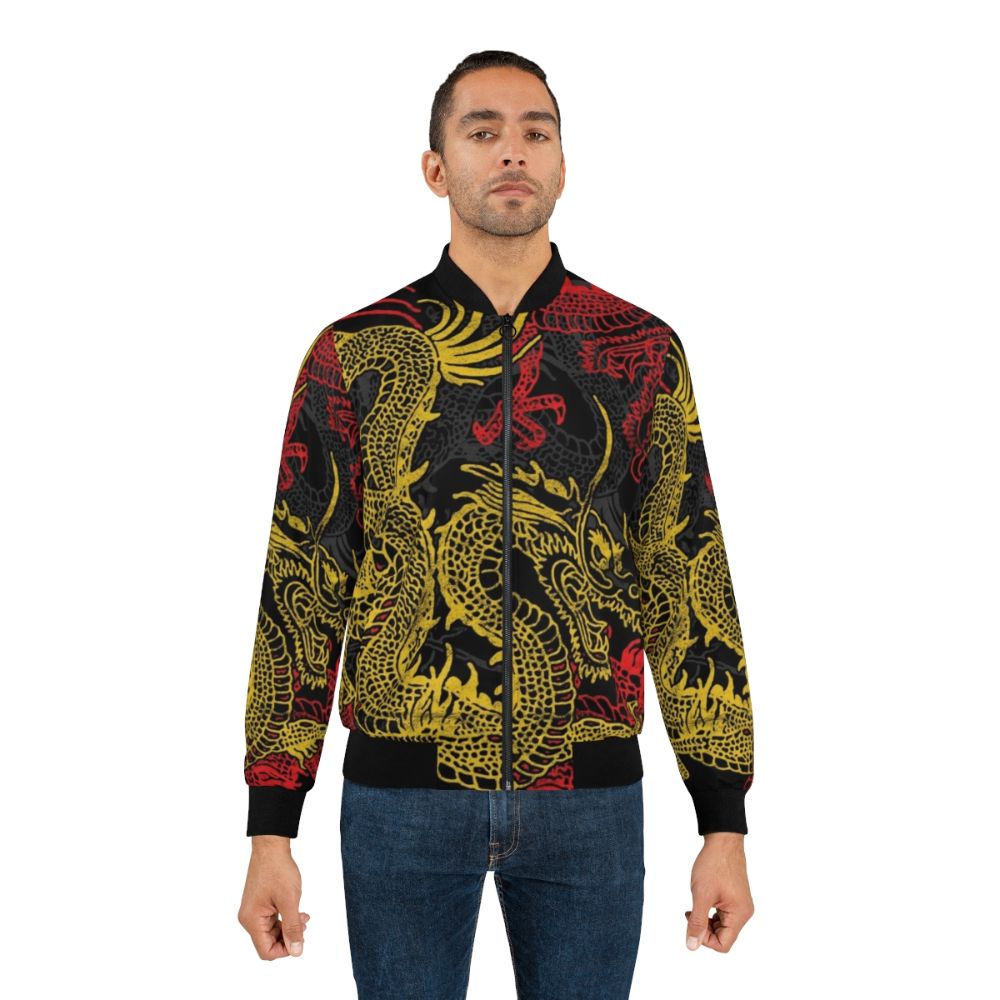 Bomber jacket with a golden Chinese dragon pattern, a mythical creature design. - Lifestyle