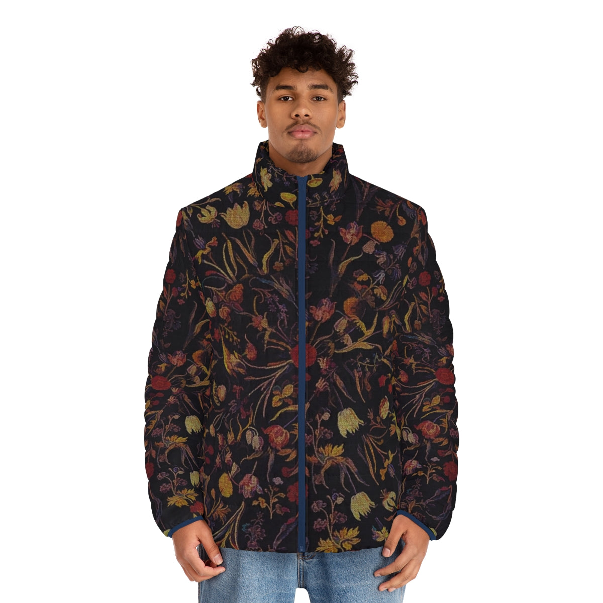 Midnight Floral Puffer Jacket featuring a mythical, botanical design - men front