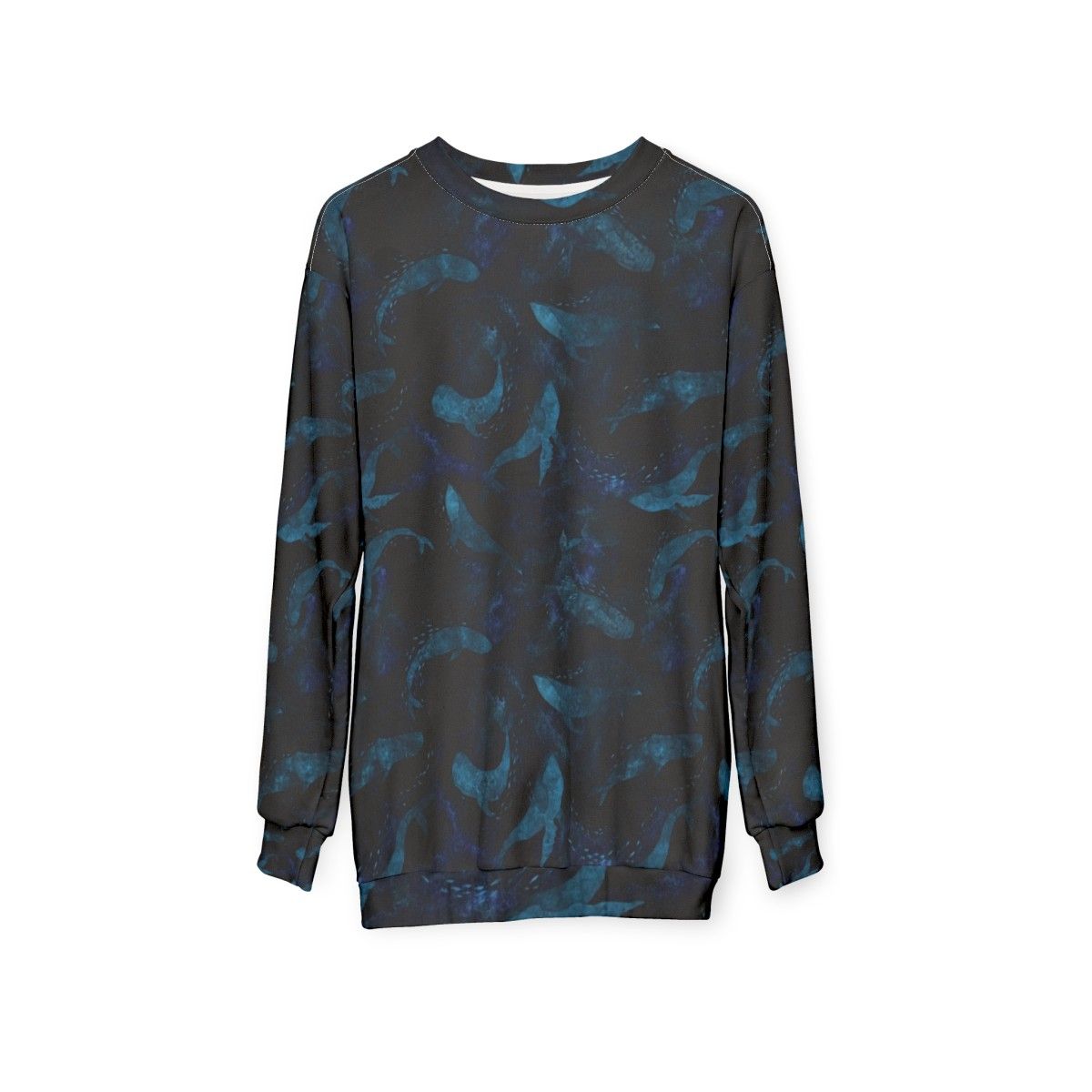 Indigo blue sweatshirt with a design of whales dancing underwater - hanging