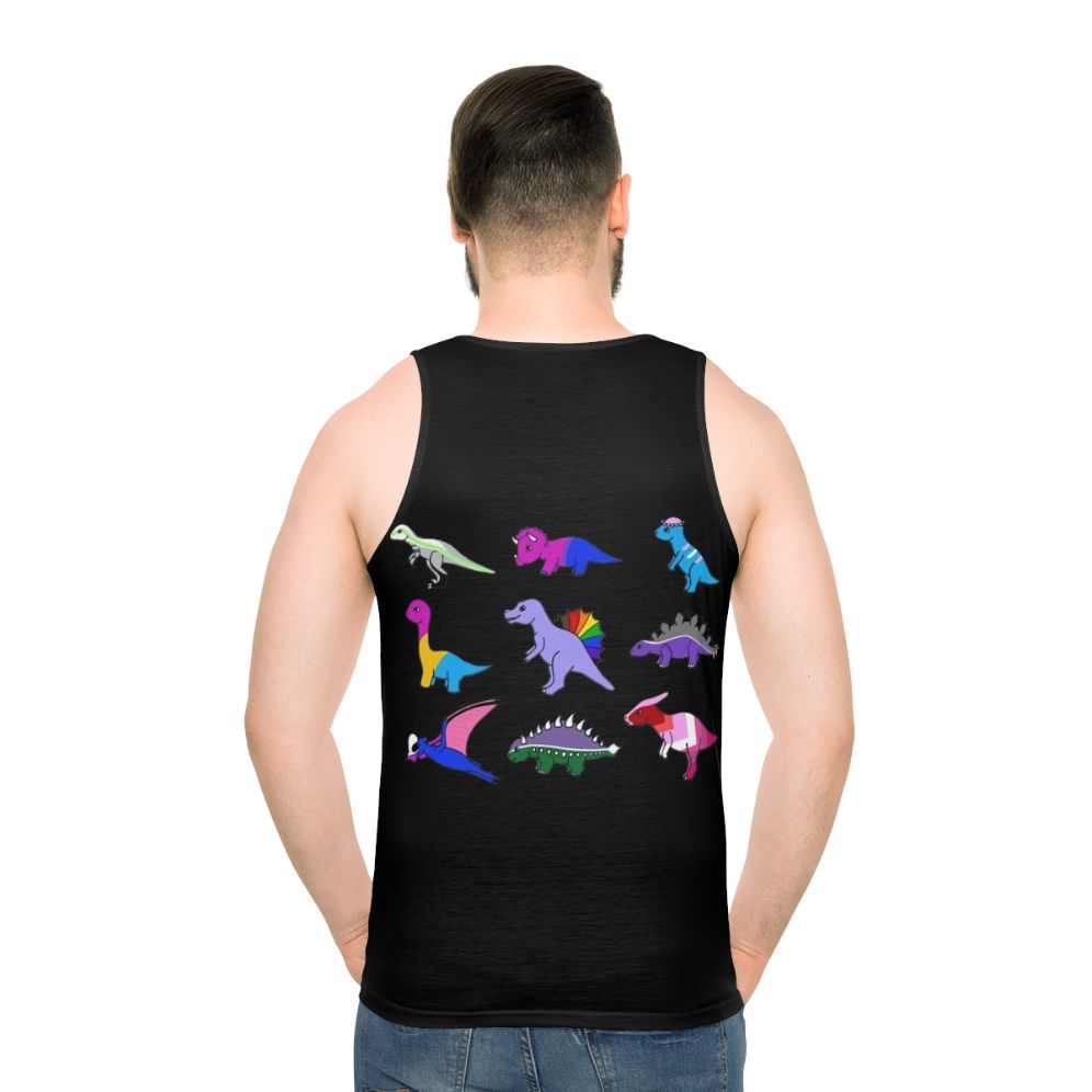 Colorful pride dinosaur print on a unisex tank top - men back